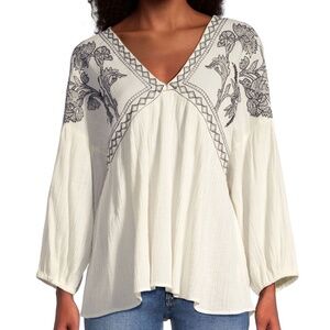 NWT World Market Jules Ivory and Black Floral Embroidered Top Blouse Boh…